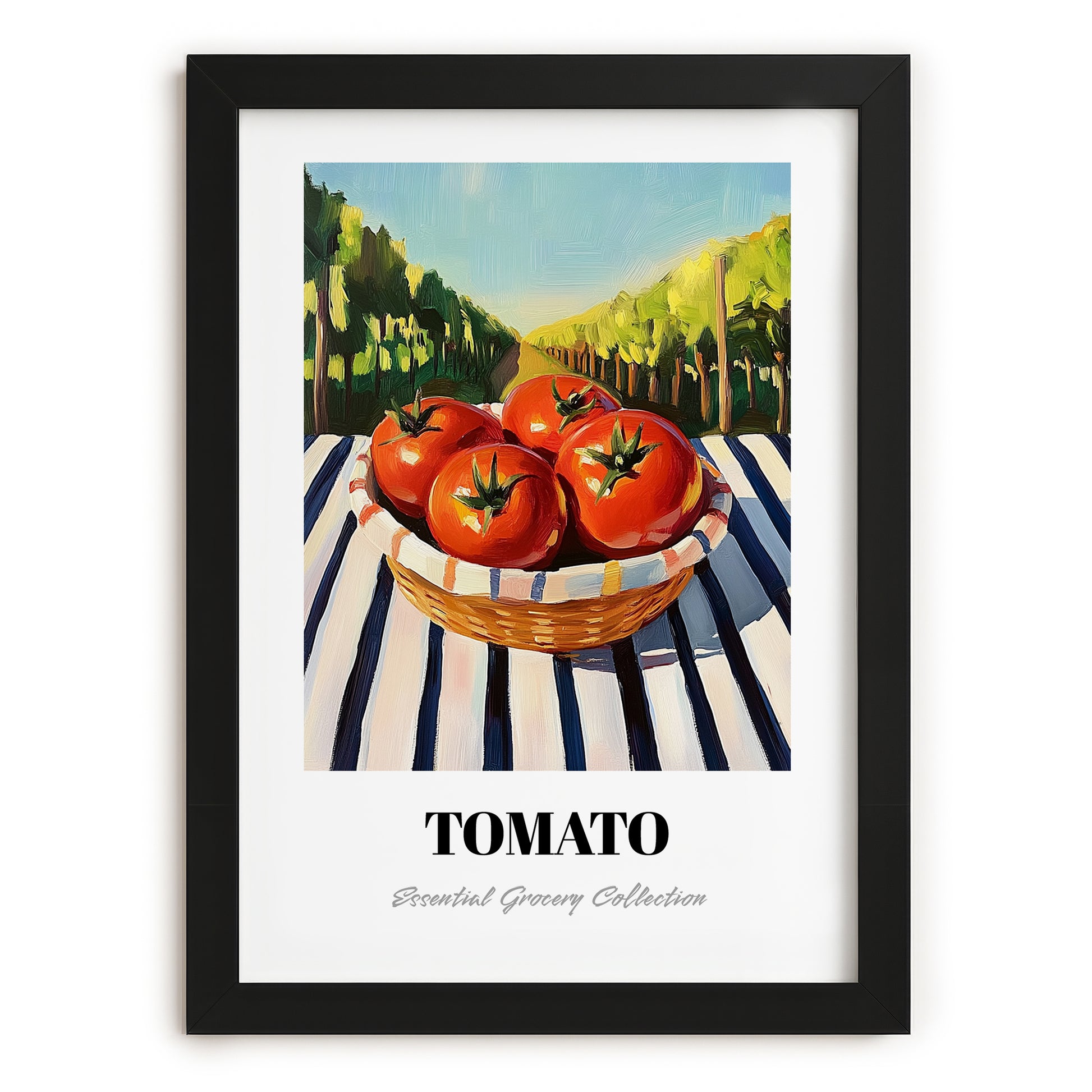 Tomato – Valley Café Scene, Vegetable Poster, in sleek black frame