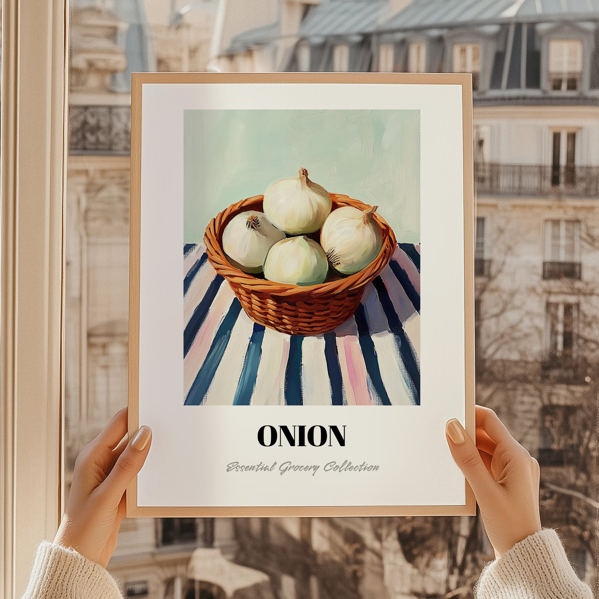 Onion – on Striped Tablecloth, Vegetable Print, styled in a charming Paris street view