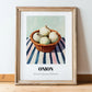 Onion – on Striped Tablecloth, Vegetable Print, in wooden frame leaning on the floor