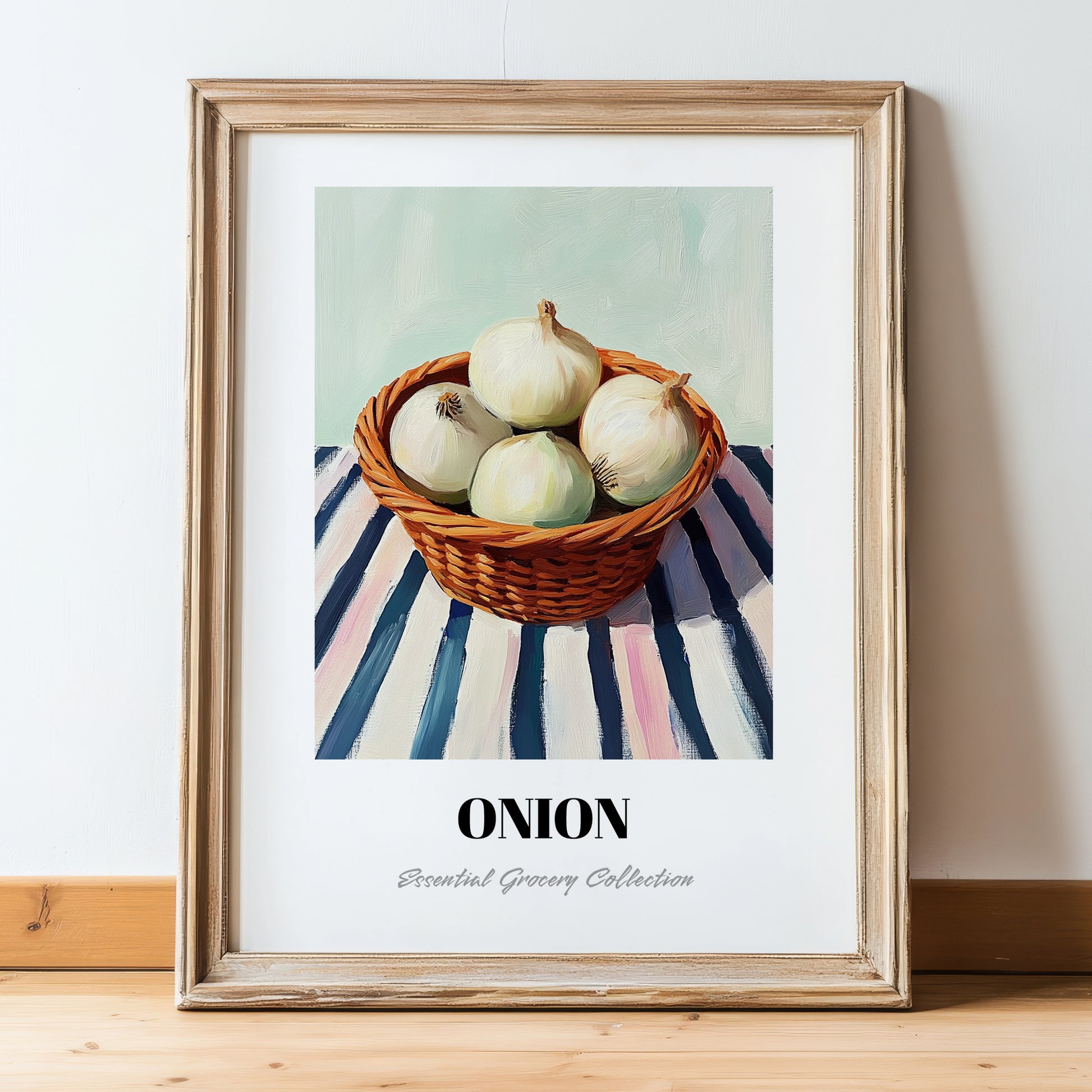 Onion – on Striped Tablecloth, Vegetable Print, in wooden frame leaning on the floor