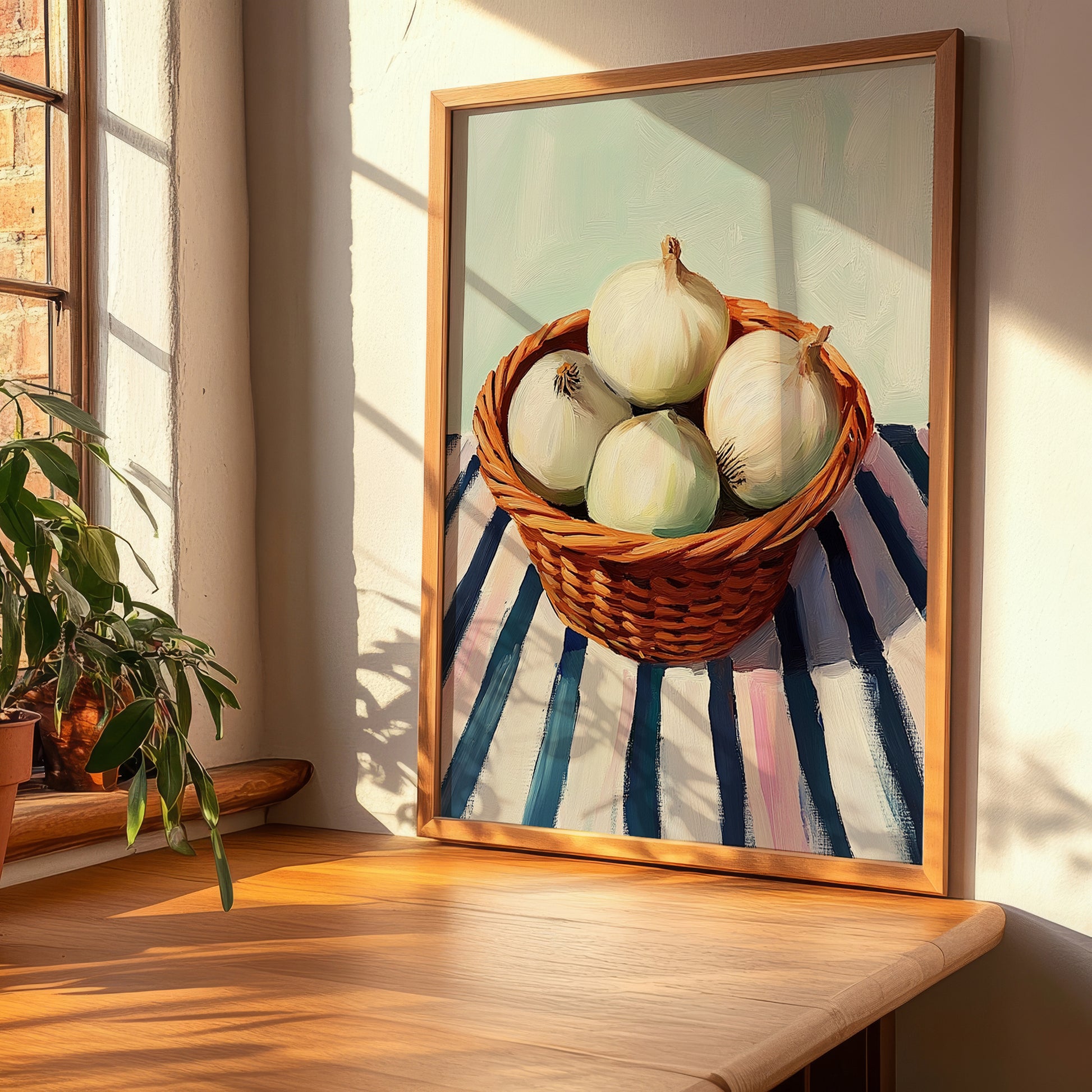 Onion – on Striped Tablecloth, Vegetable Print, clean layout with no caption