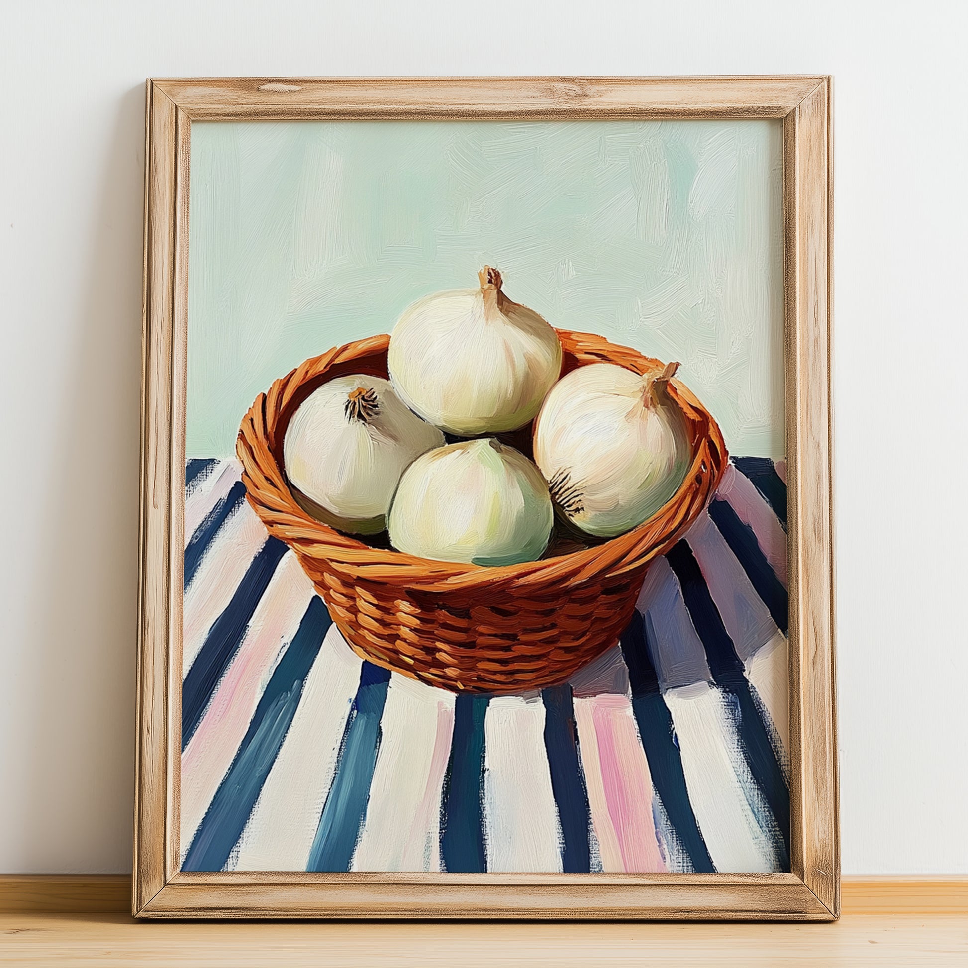 Onion – on Striped Tablecloth, Vegetable Print, no-text version framed in wood