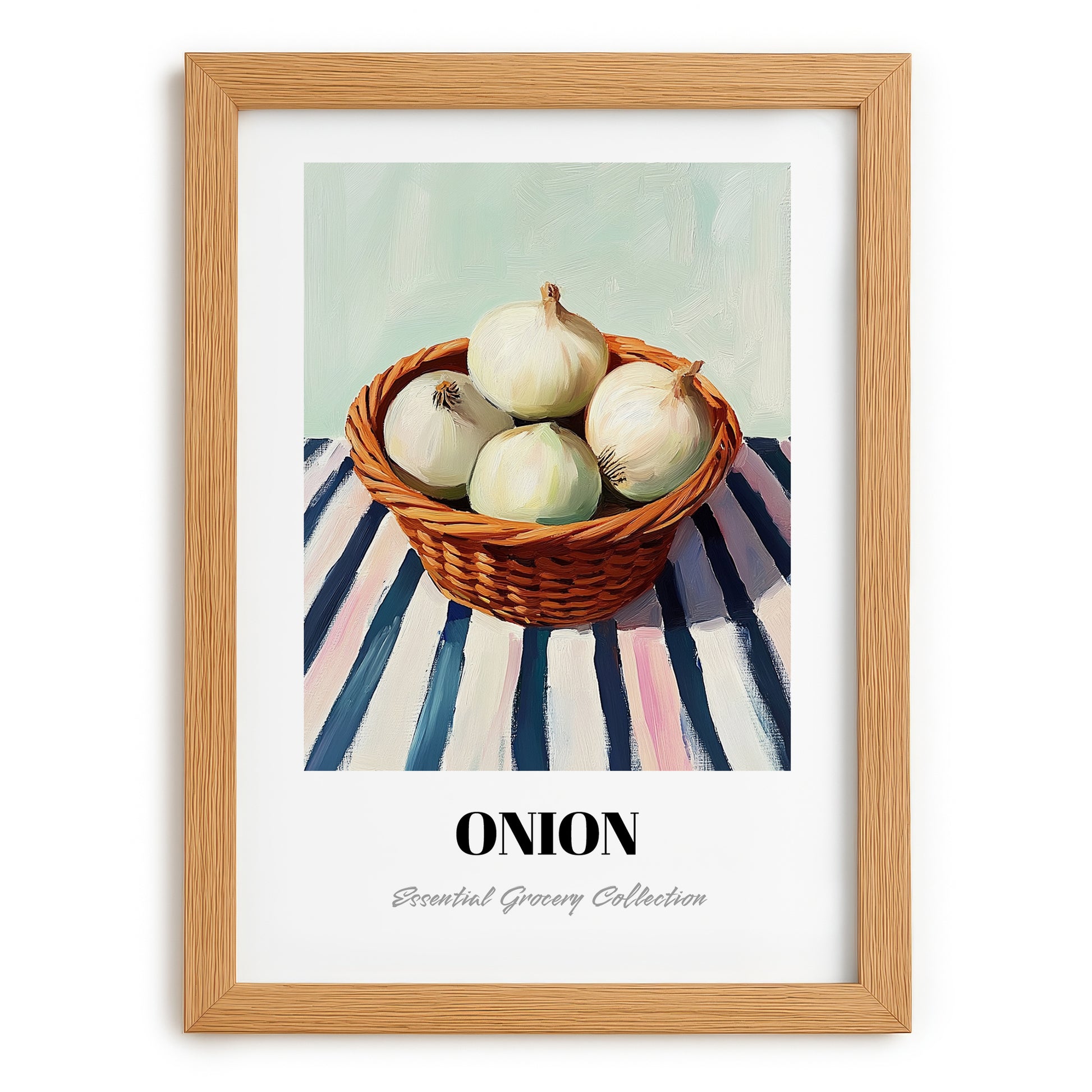 Onion – on Striped Tablecloth, Vegetable Print, set in oak frame