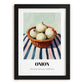 Onion – on Striped Tablecloth, Vegetable Print, in sleek black frame