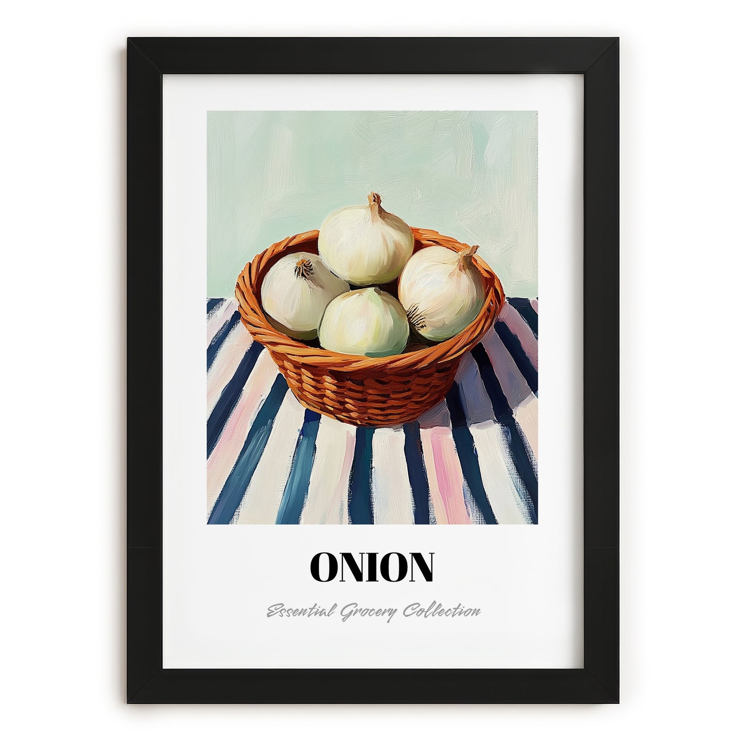Onion – on Striped Tablecloth, Vegetable Print, in sleek black frame