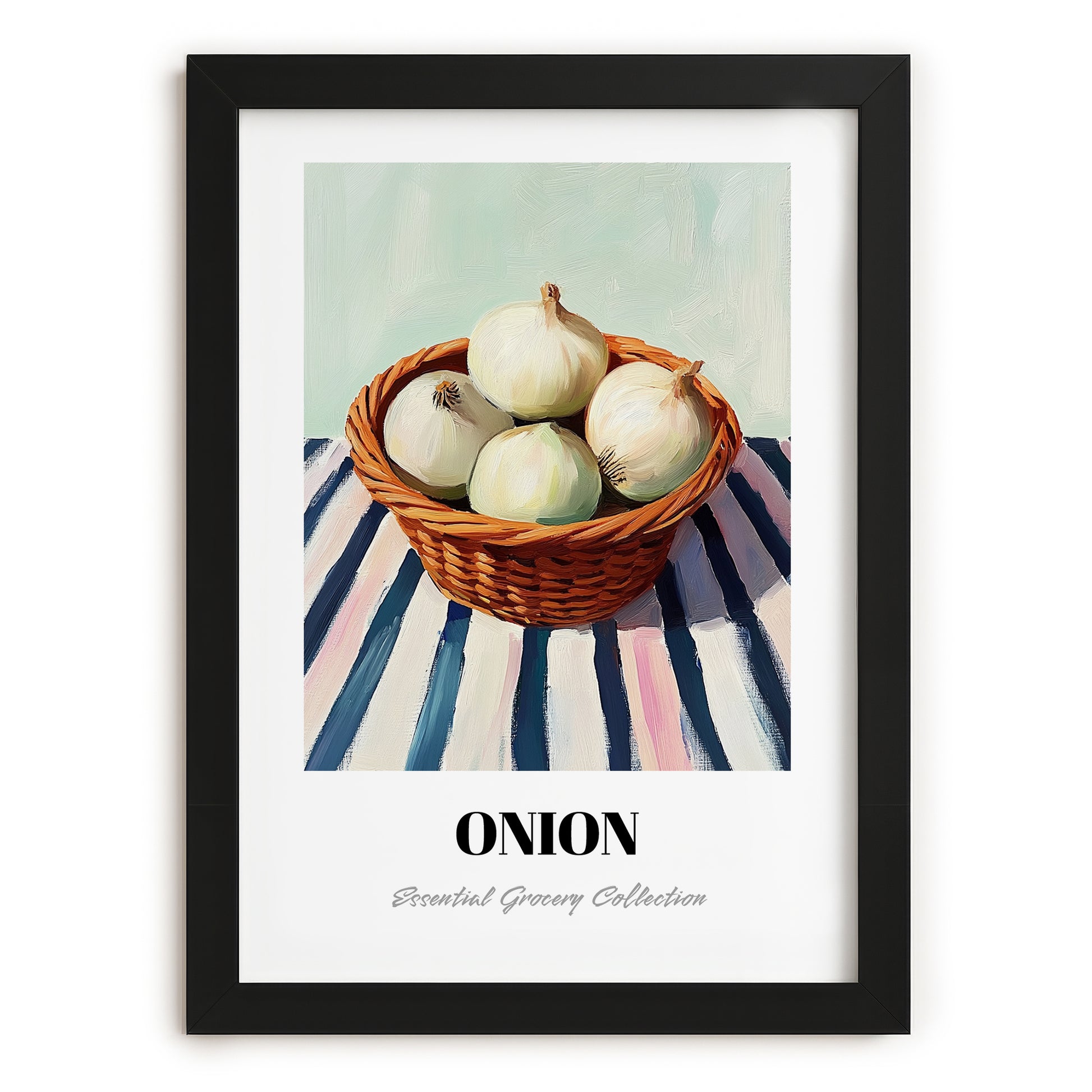 Onion – on Striped Tablecloth, Vegetable Print, in sleek black frame