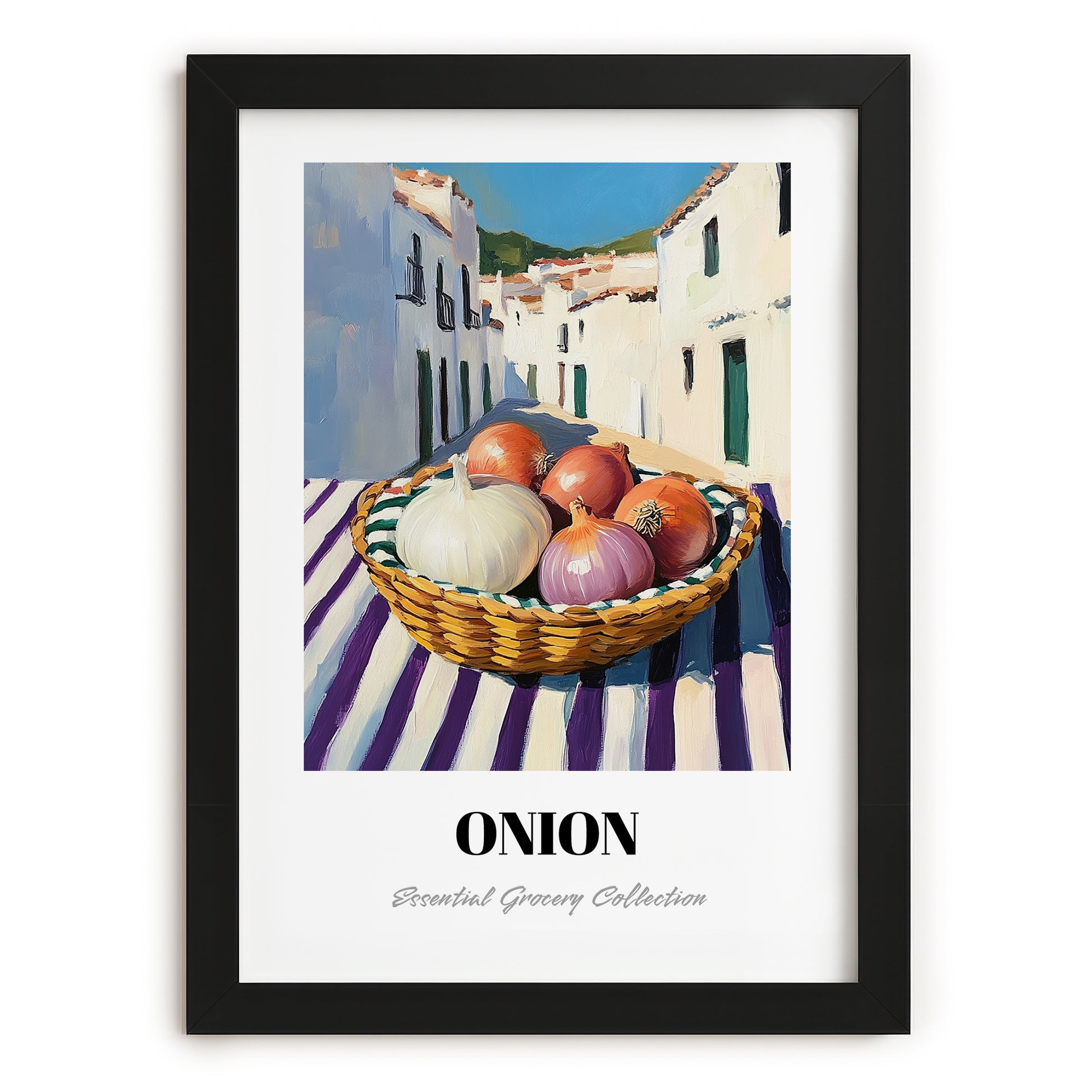 Onion – White village Street Café Scene, Vegetable Wall Illustration, in sleek black frame