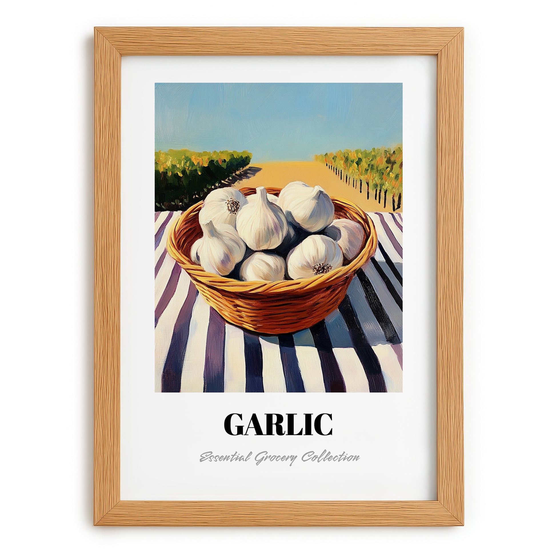 Garlic – Green Valley Landscape, Vegetable Poster, set in oak frame