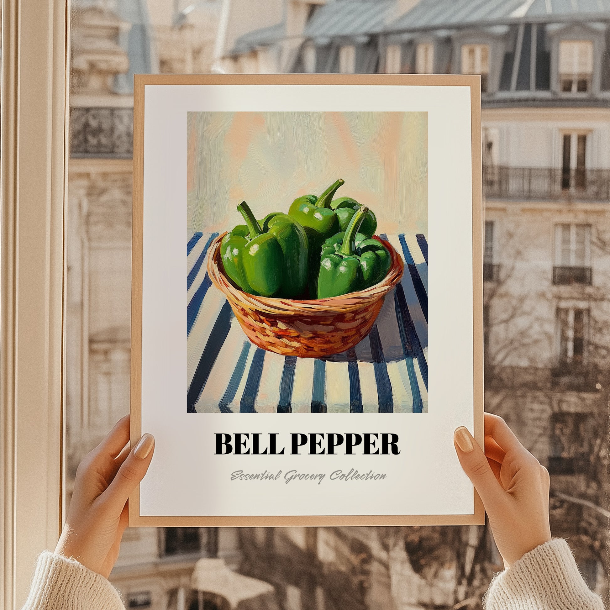 Bell Pepper – on Striped Tablecloth, Vegetable Painting, styled in a charming Paris street view