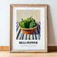 Bell Pepper – on Striped Tablecloth, Vegetable Painting, in wooden frame leaning on the floor