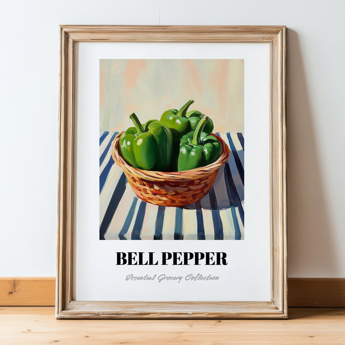 Bell Pepper – on Striped Tablecloth, Vegetable Painting, in wooden frame leaning on the floor
