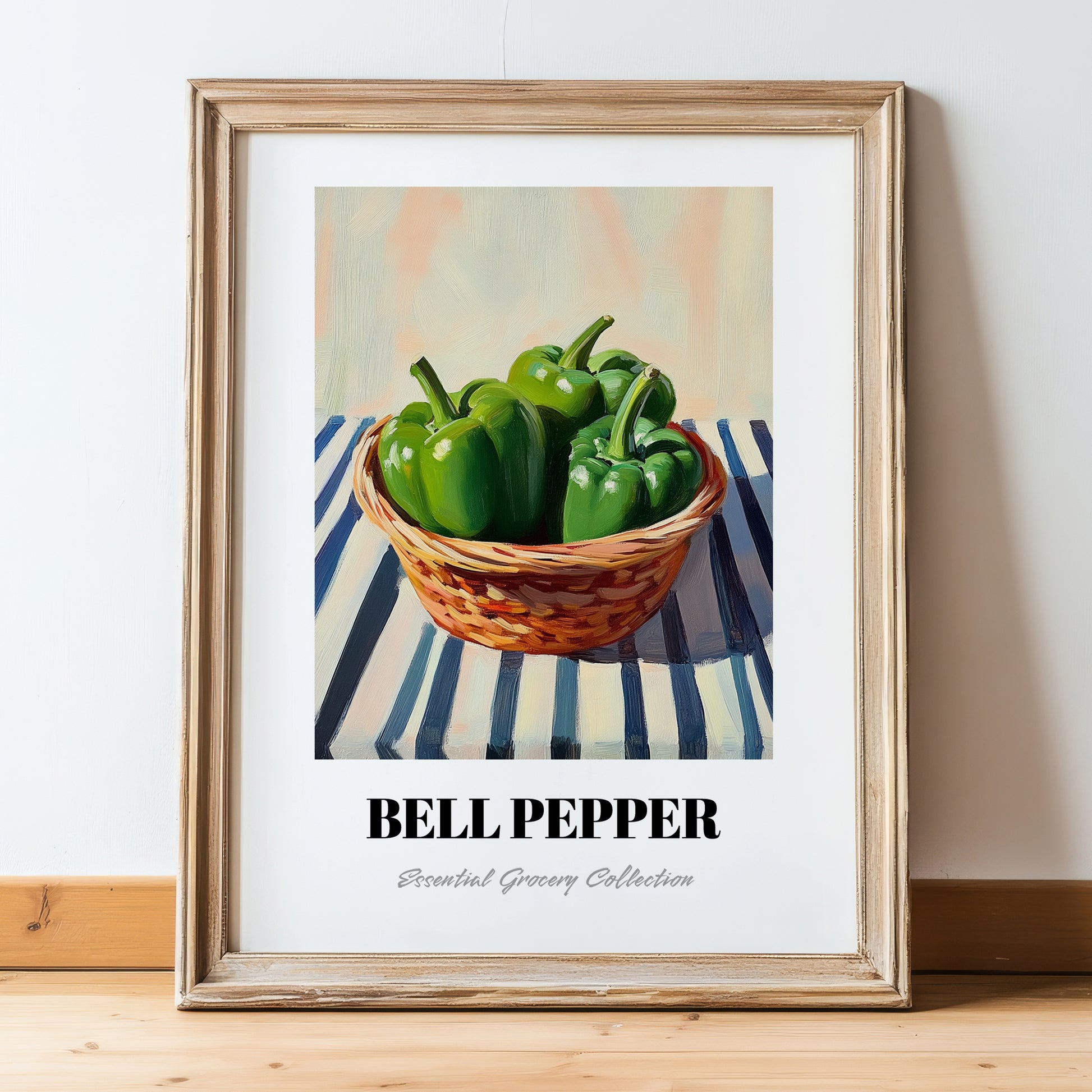 Bell Pepper – on Striped Tablecloth, Vegetable Painting, in wooden frame leaning on the floor