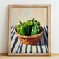 Bell Pepper – on Striped Tablecloth, Vegetable Painting, no-text version framed in wood