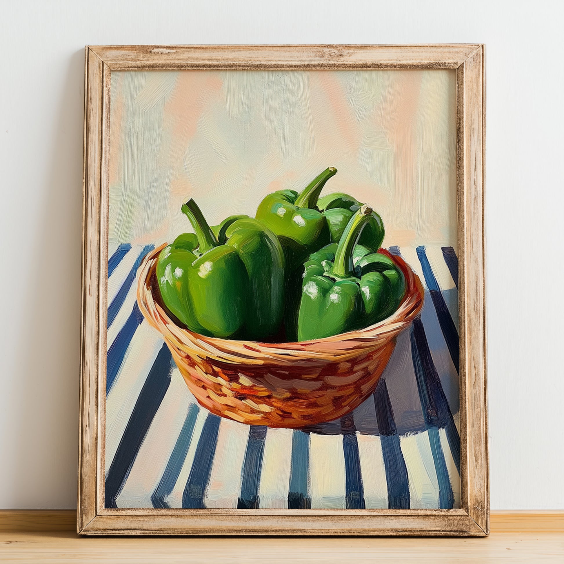 Bell Pepper – on Striped Tablecloth, Vegetable Painting, no-text version framed in wood