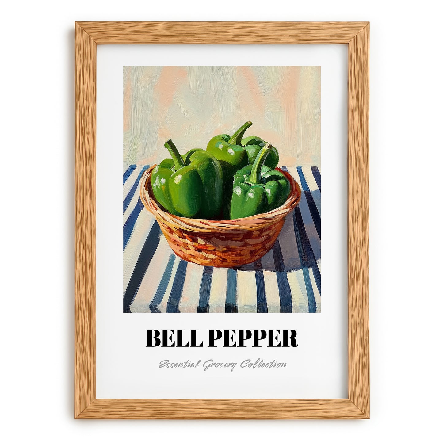 Bell Pepper – on Striped Tablecloth, Vegetable Painting, set in oak frame