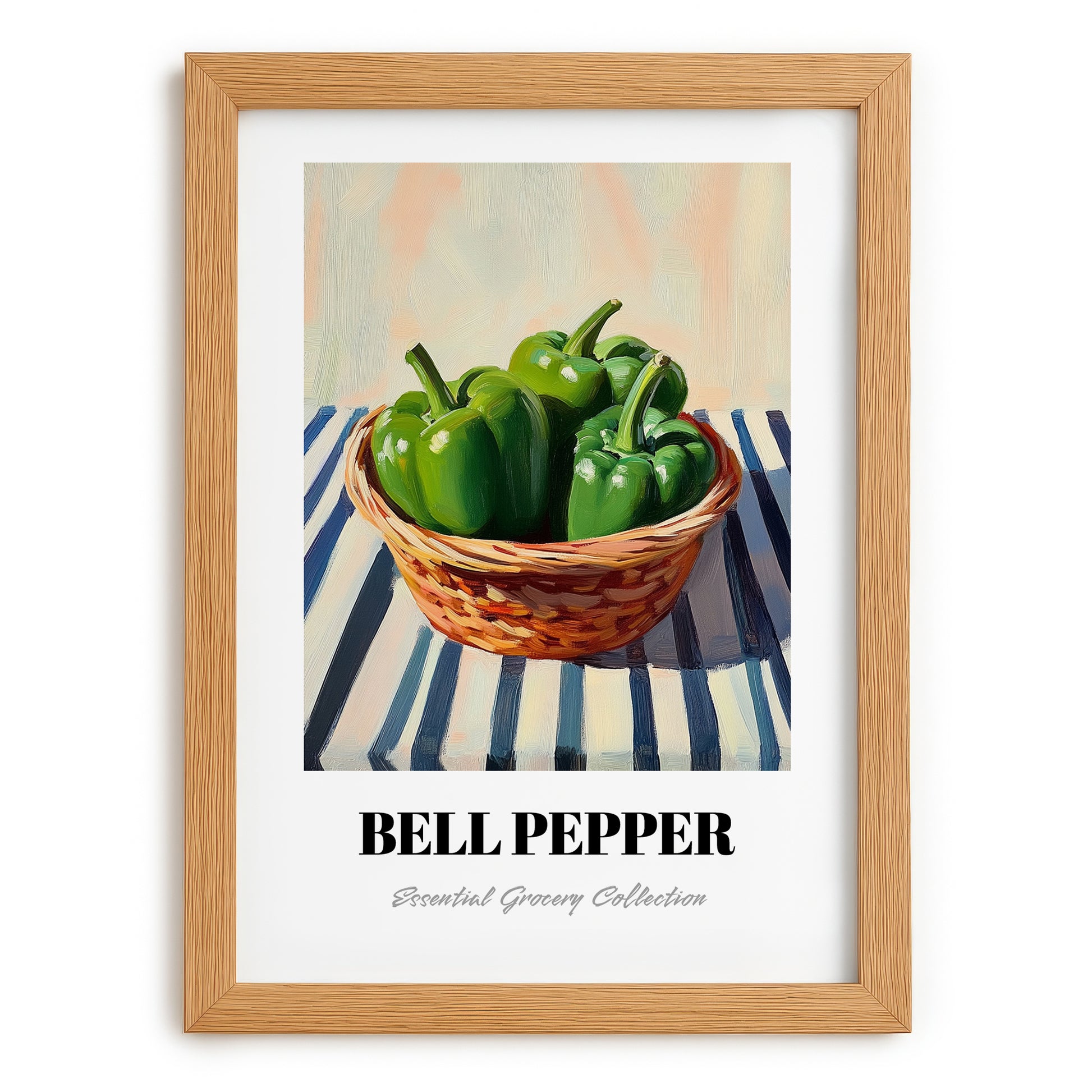 Bell Pepper – on Striped Tablecloth, Vegetable Painting, set in oak frame