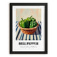 Bell Pepper – on Striped Tablecloth, Vegetable Painting, in sleek black frame