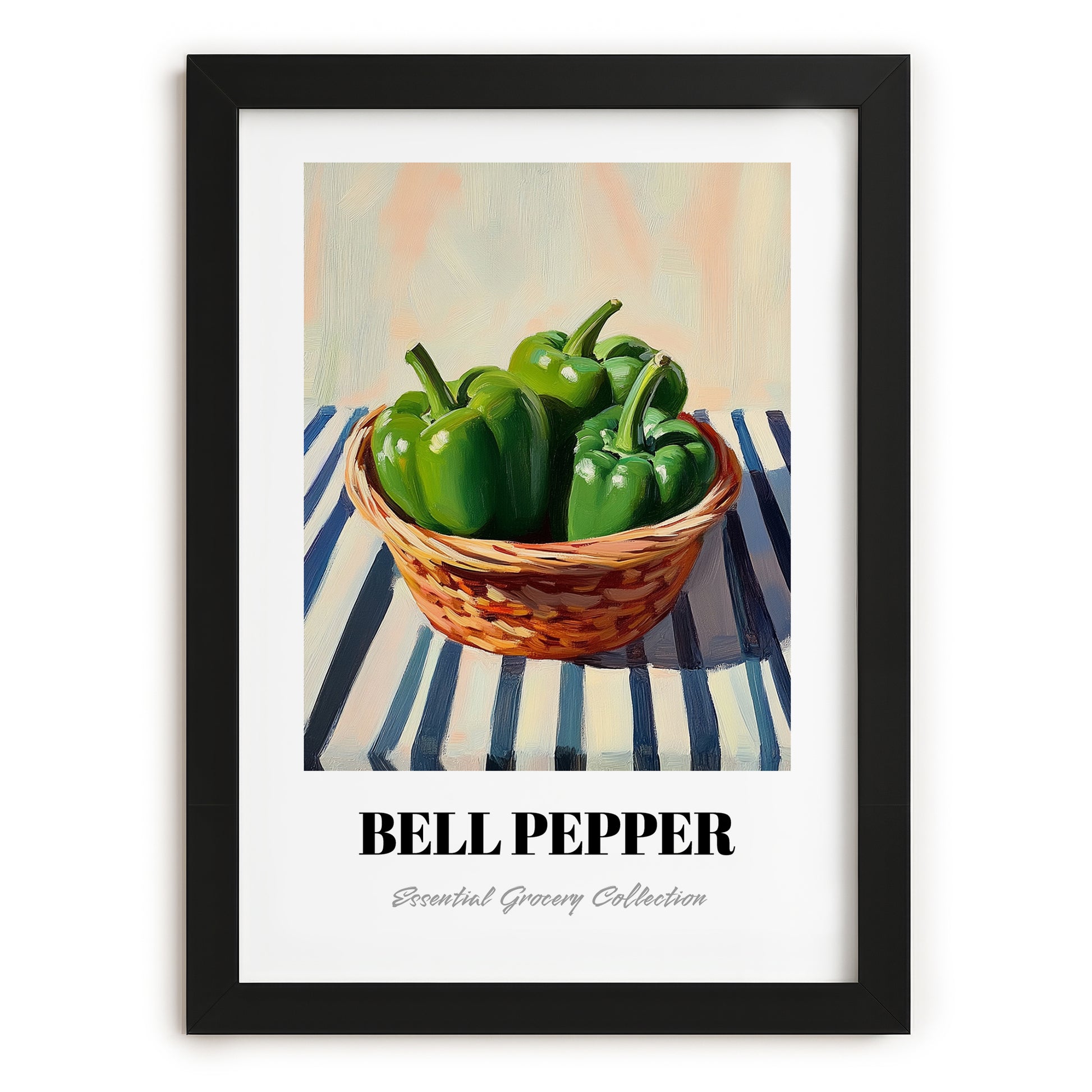 Bell Pepper – on Striped Tablecloth, Vegetable Painting, in sleek black frame
