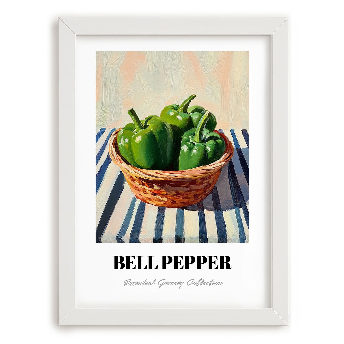 Bell Pepper – on Striped Tablecloth, Vegetable Painting, placed in minimal white frame