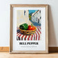 Bell Pepper – White village Outdoor Café Scene, Vegetable Wall Painting, in wooden frame leaning on the floor