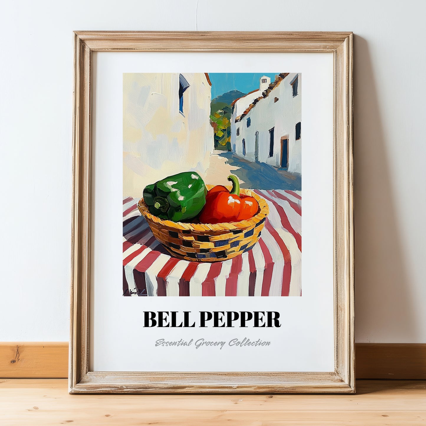 Bell Pepper – White village Outdoor Café Scene, Vegetable Wall Painting, in wooden frame leaning on the floor