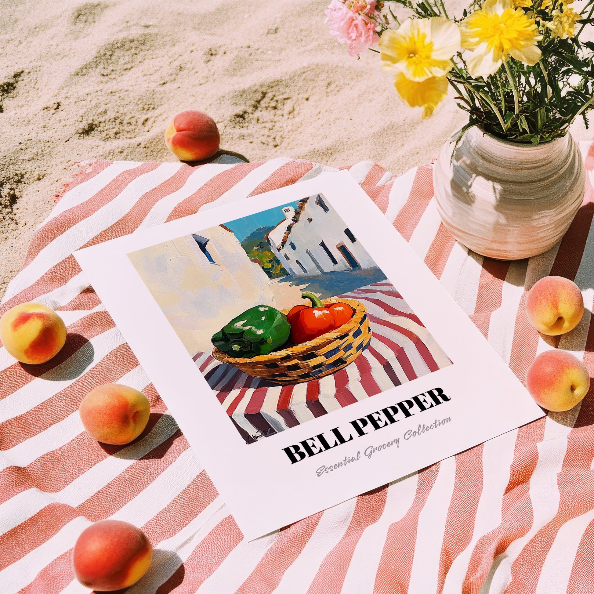 Bell Pepper – White village Outdoor Café Scene, Vegetable Wall Painting, unframed on coastal sand