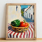 Bell Pepper – White village Outdoor Café Scene, Vegetable Wall Painting, no-text version framed in wood