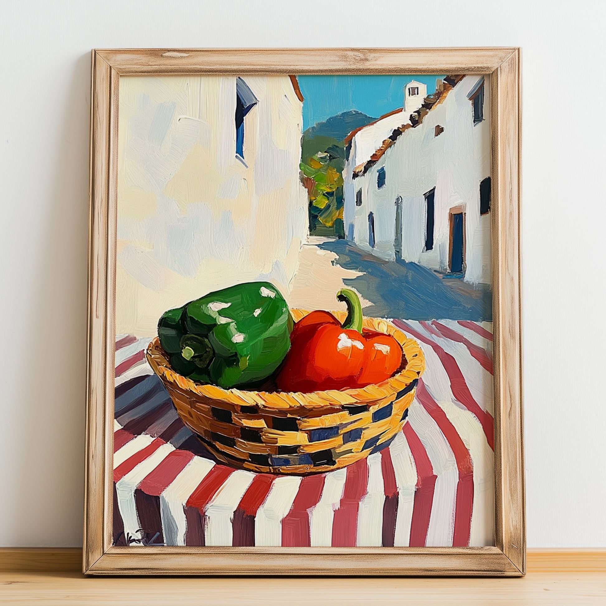 Bell Pepper – White village Outdoor Café Scene, Vegetable Wall Painting, no-text version framed in wood