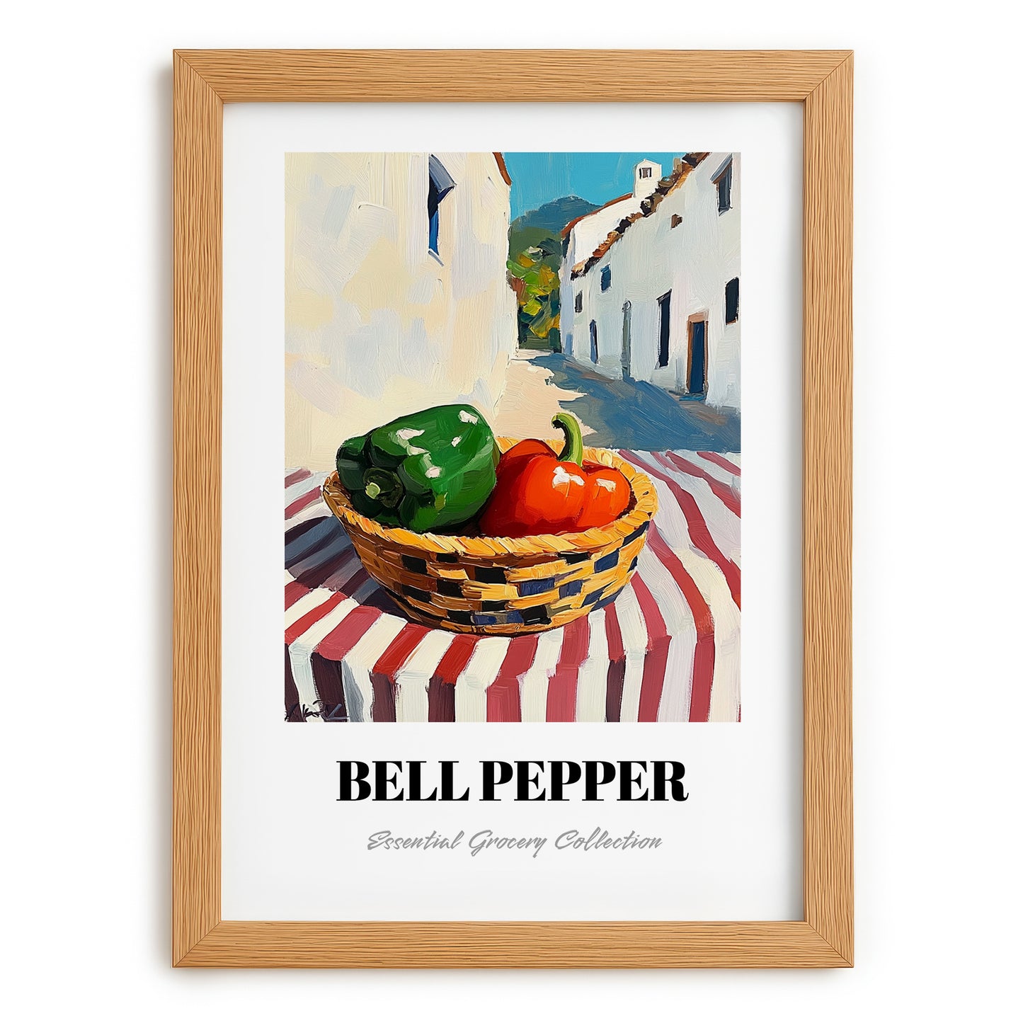 Bell Pepper – White village Outdoor Café Scene, Vegetable Wall Painting, set in oak frame