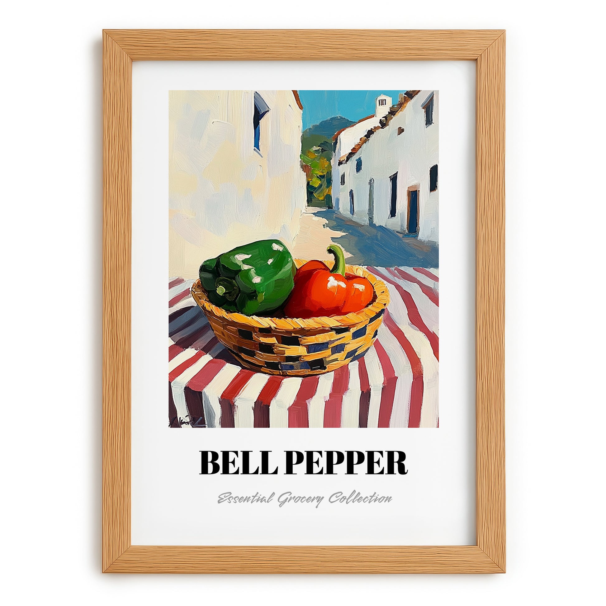 Bell Pepper – White village Outdoor Café Scene, Vegetable Wall Painting, set in oak frame