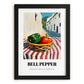 Bell Pepper – White village Outdoor Café Scene, Vegetable Wall Painting, in sleek black frame