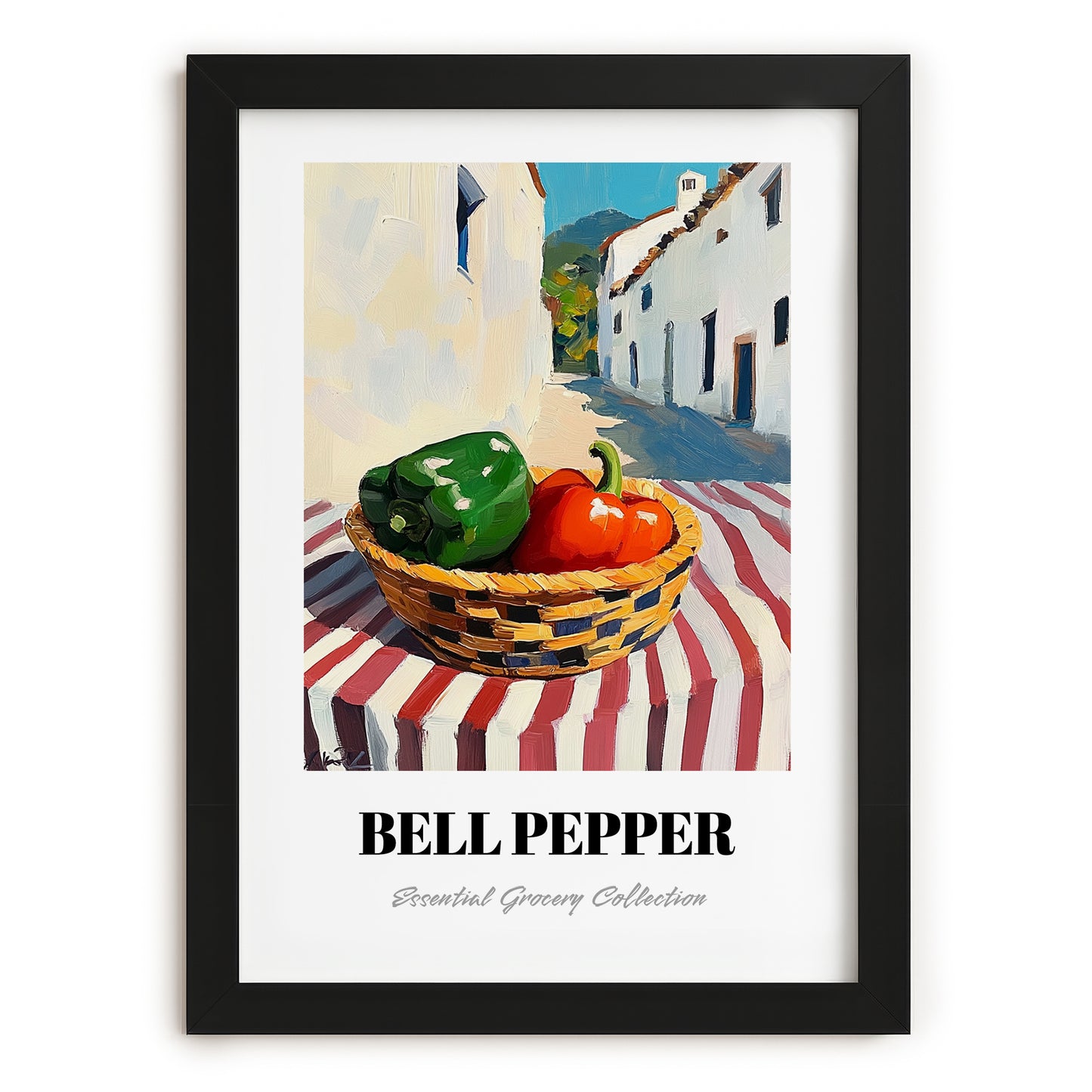 Bell Pepper – White village Outdoor Café Scene, Vegetable Wall Painting, in sleek black frame