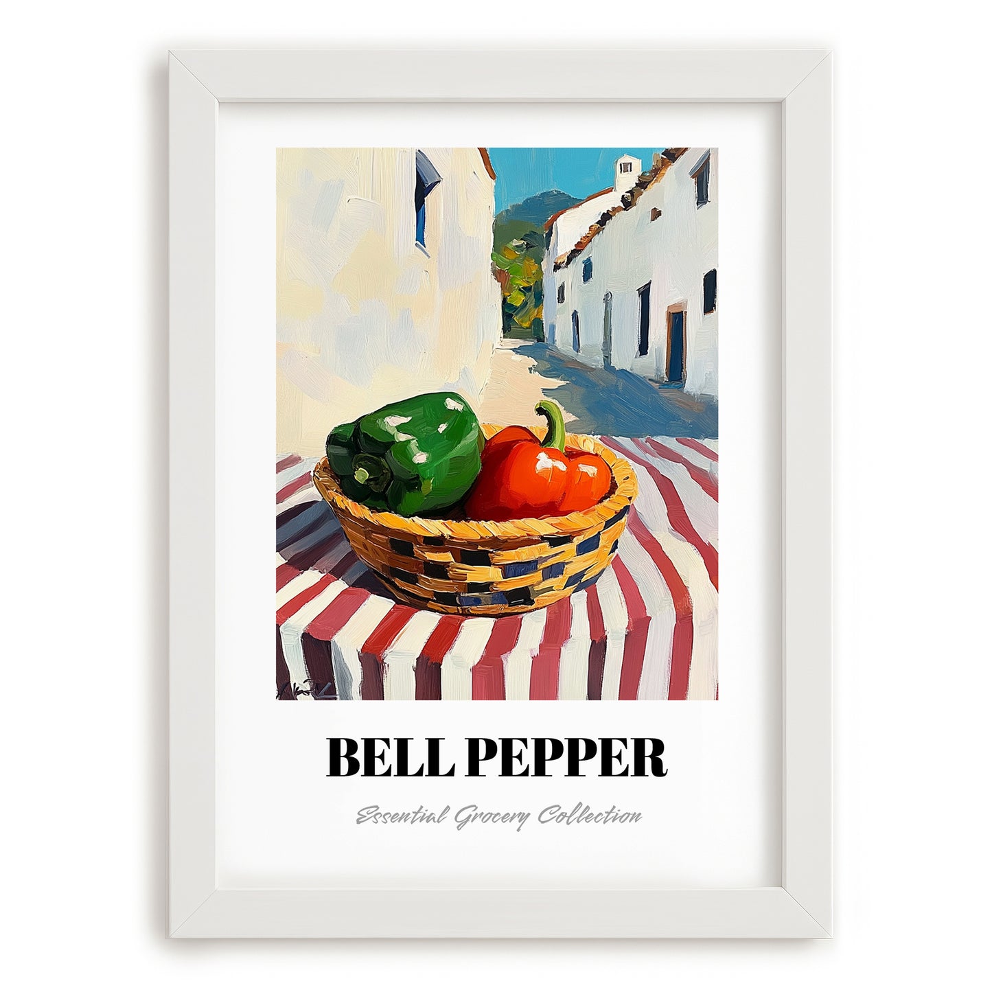 Bell Pepper – White village Outdoor Café Scene, Vegetable Wall Painting, placed in minimal white frame