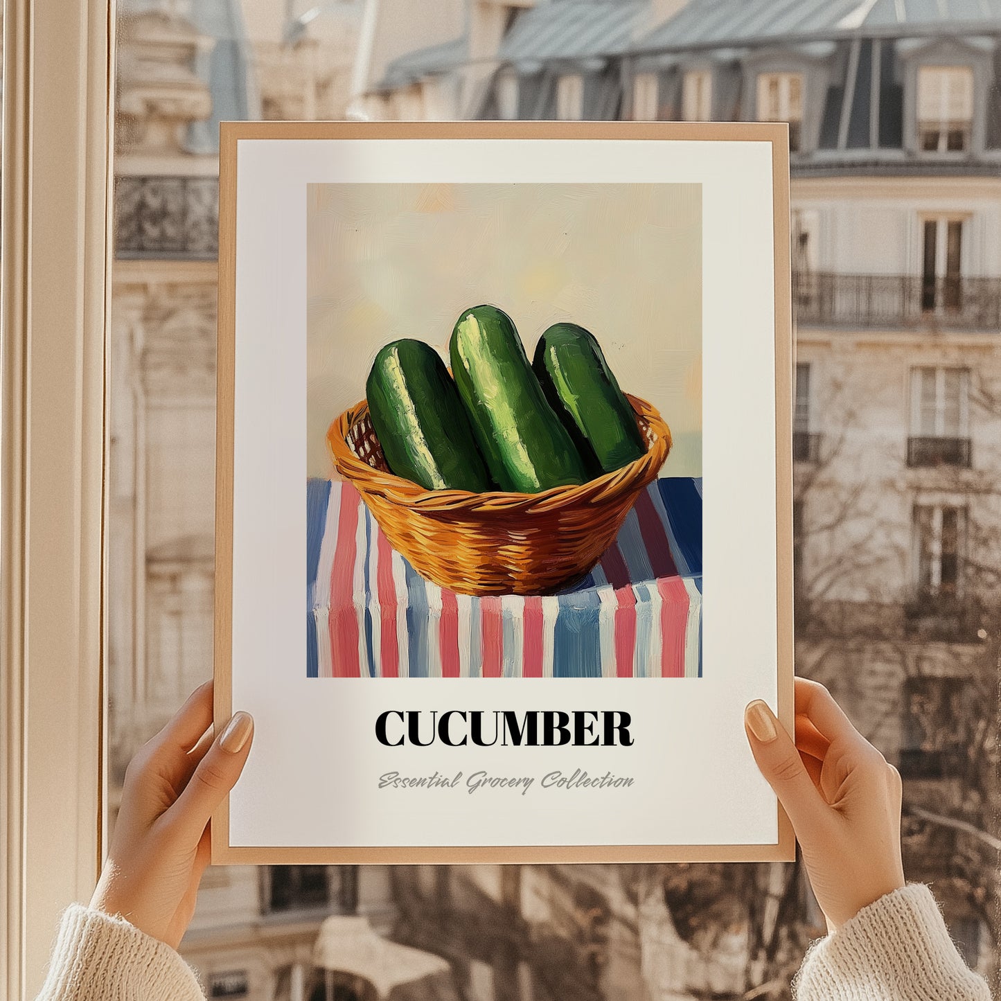 Cucumber – on Striped Tablecloth, Vegetable Poster, styled in a charming Paris street view