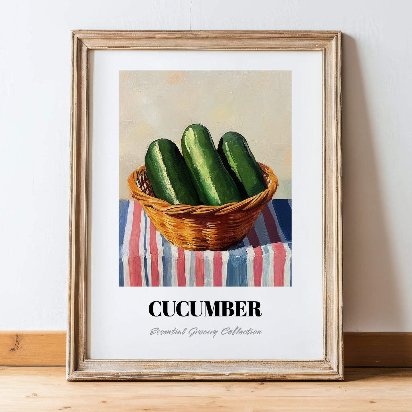 Cucumber – on Striped Tablecloth, Vegetable Poster, in wooden frame leaning on the floor