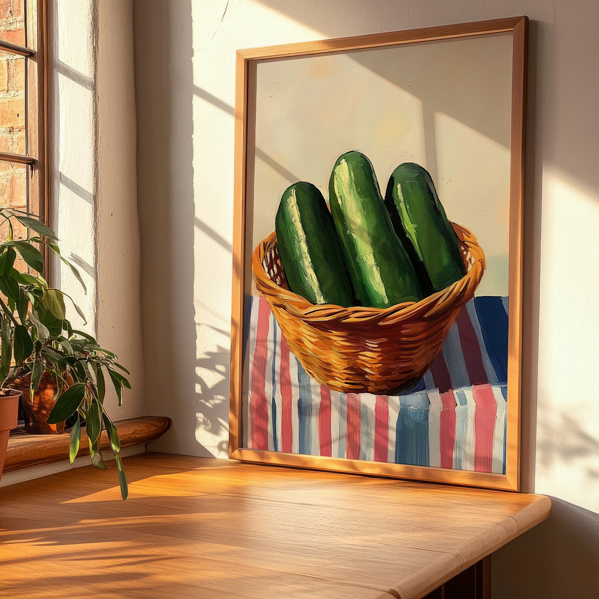 Cucumber – on Striped Tablecloth, Vegetable Poster, clean layout with no caption