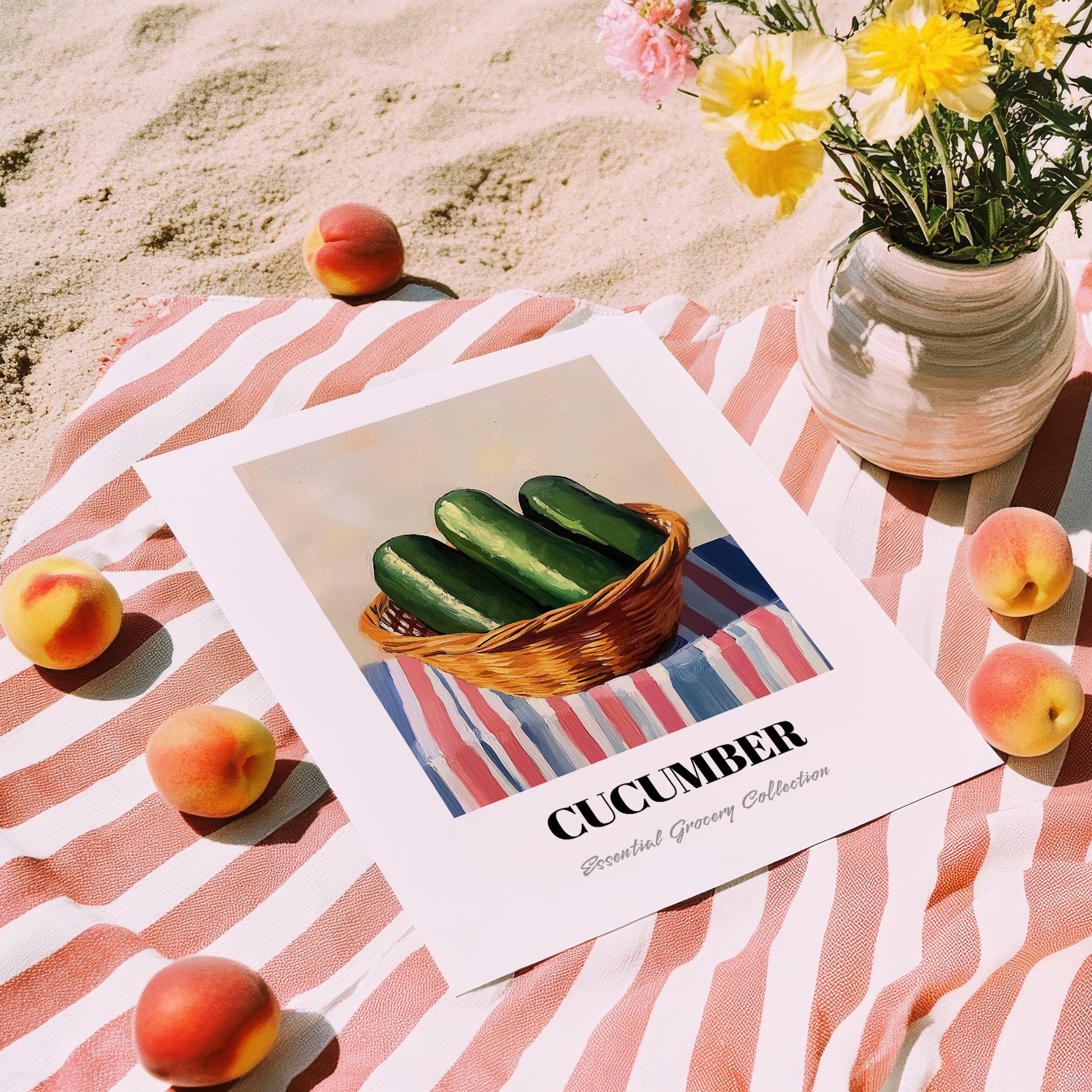 Cucumber – on Striped Tablecloth, Vegetable Poster, unframed on coastal sand