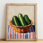 Cucumber – on Striped Tablecloth, Vegetable Poster, no-text version framed in wood