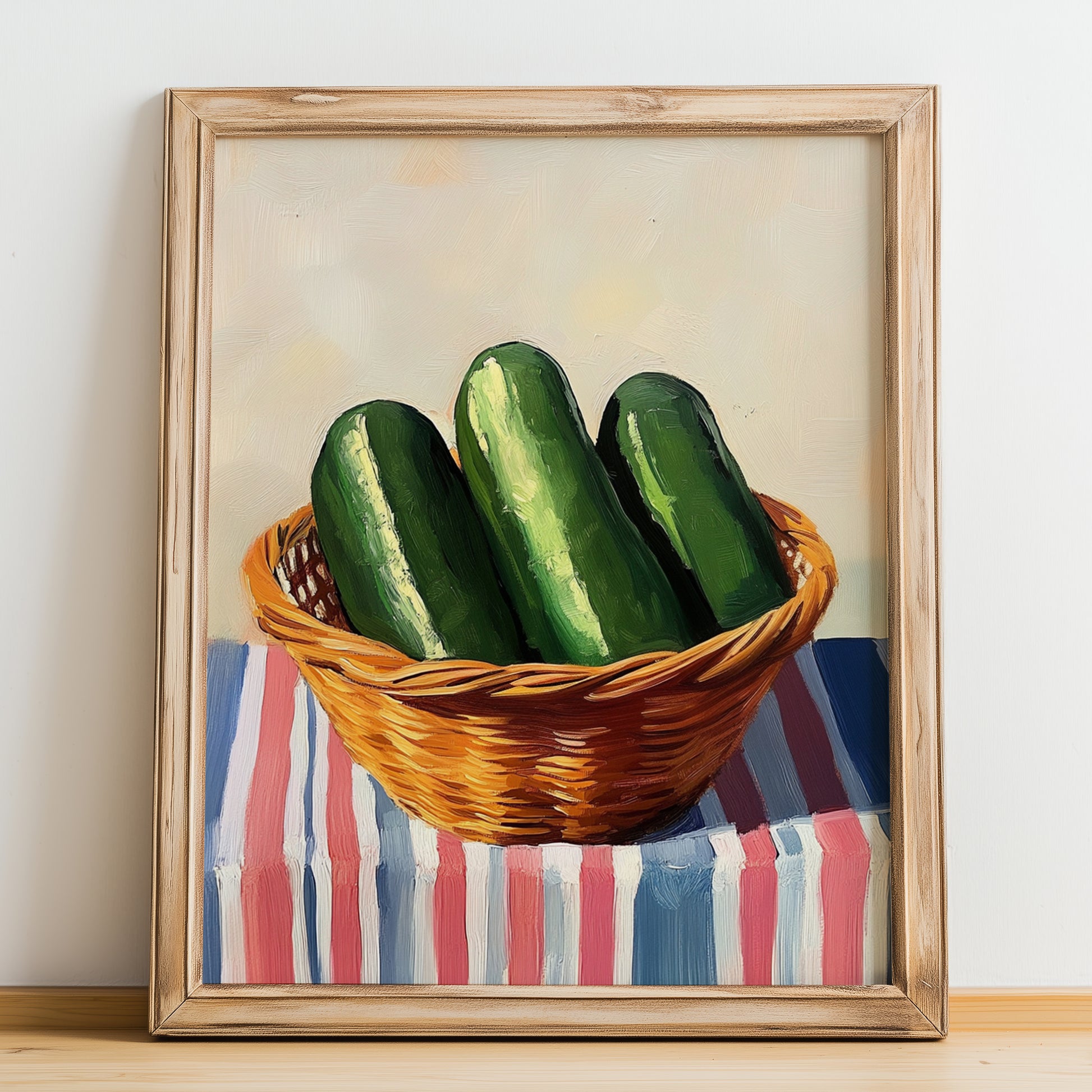 Cucumber – on Striped Tablecloth, Vegetable Poster, no-text version framed in wood