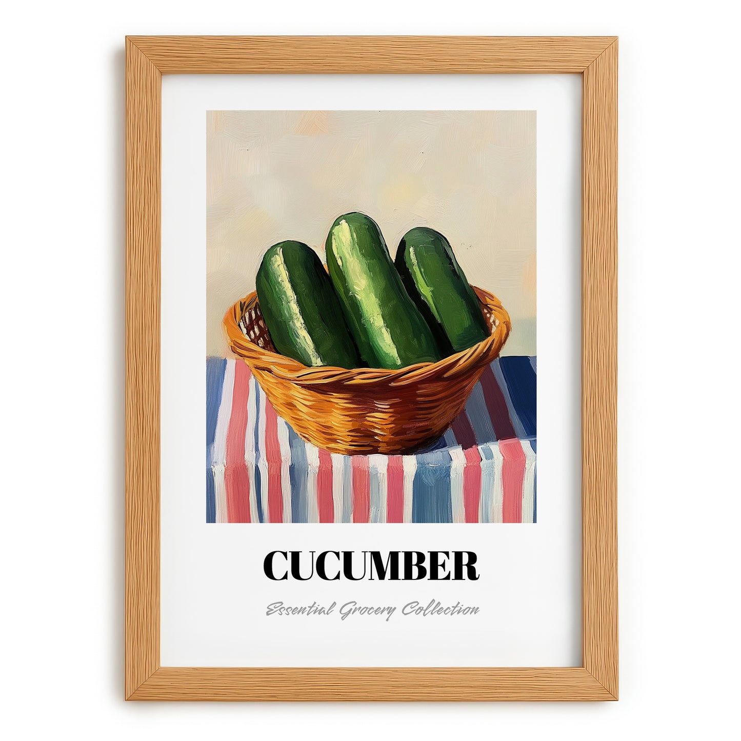 Cucumber – on Striped Tablecloth, Vegetable Poster, set in oak frame