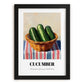 Cucumber – on Striped Tablecloth, Vegetable Poster, in sleek black frame