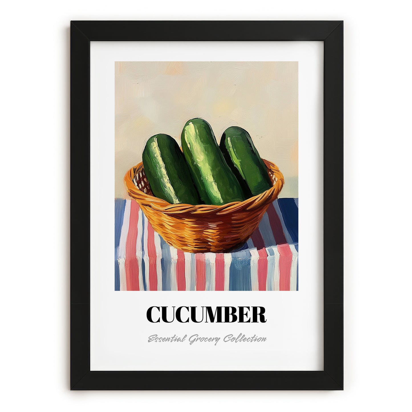 Cucumber – on Striped Tablecloth, Vegetable Poster, in sleek black frame