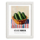 Cucumber – on Striped Tablecloth, Vegetable Poster, placed in minimal white frame