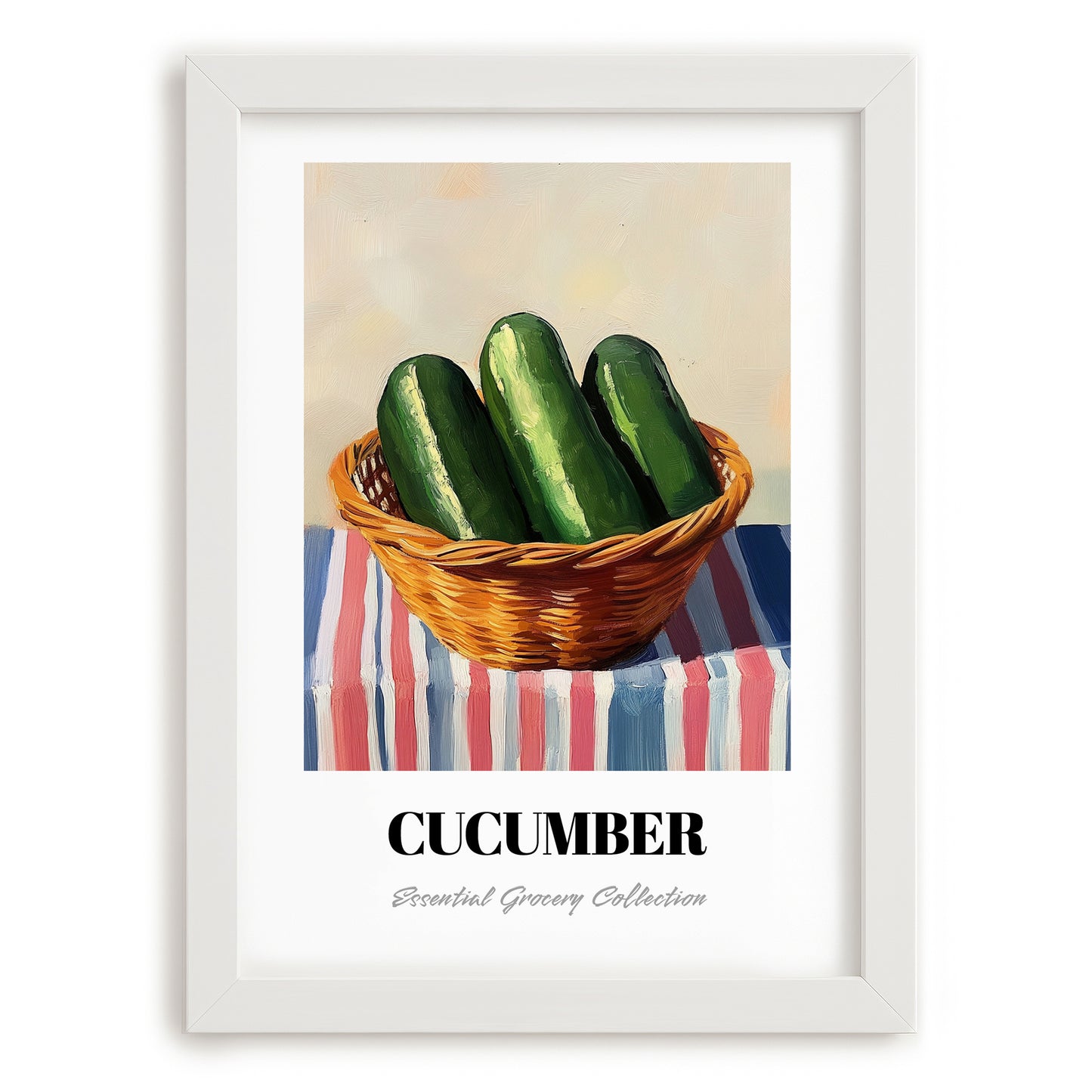 Cucumber – on Striped Tablecloth, Vegetable Poster, placed in minimal white frame