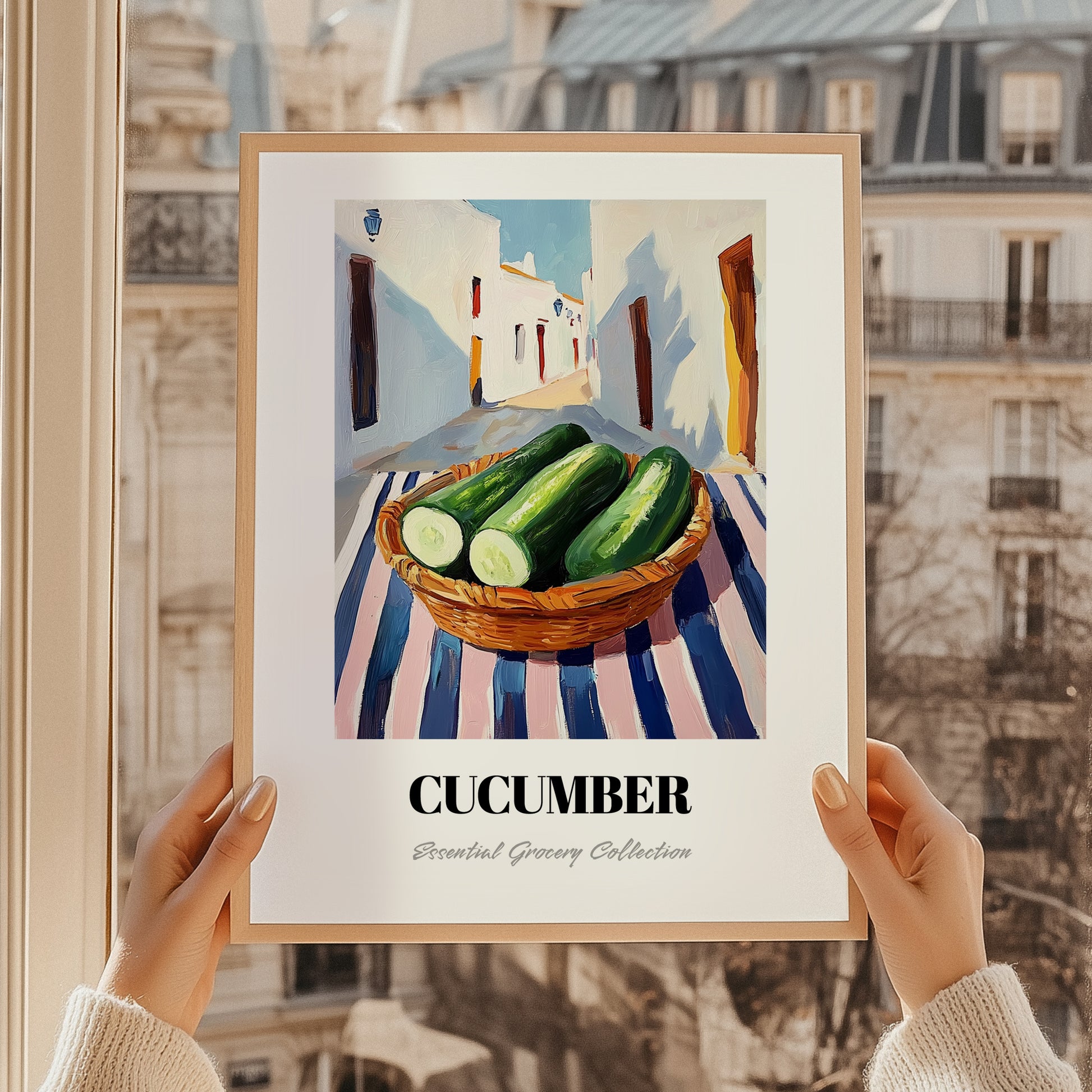 Cucumber – White village Urban Café Scene, Vegetable Poster, styled in a charming Paris street view