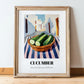Cucumber – White village Urban Café Scene, Vegetable Poster, in wooden frame leaning on the floor