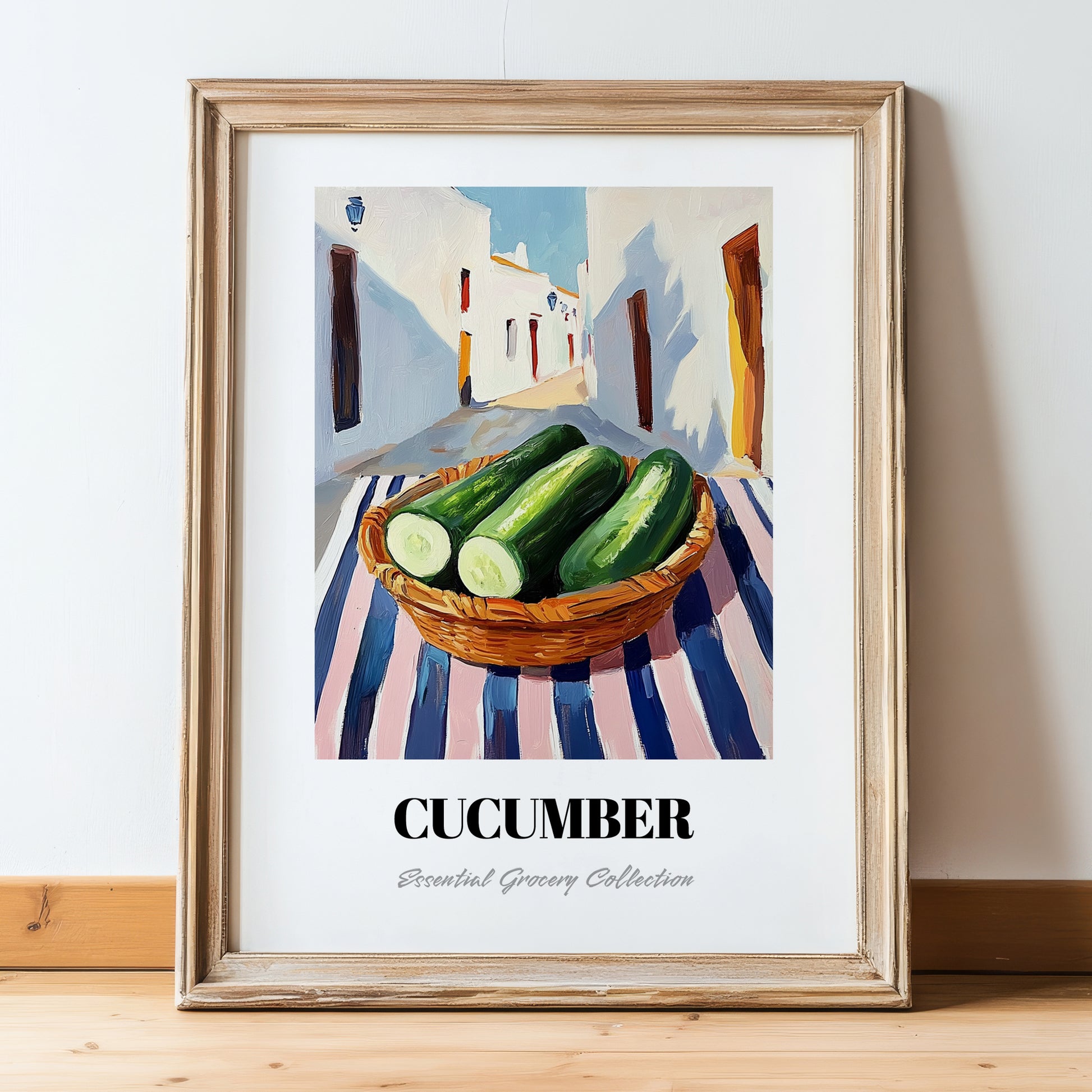 Cucumber – White village Urban Café Scene, Vegetable Poster, in wooden frame leaning on the floor