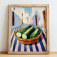 Cucumber – White village Urban Café Scene, Vegetable Poster, no-text version framed in wood