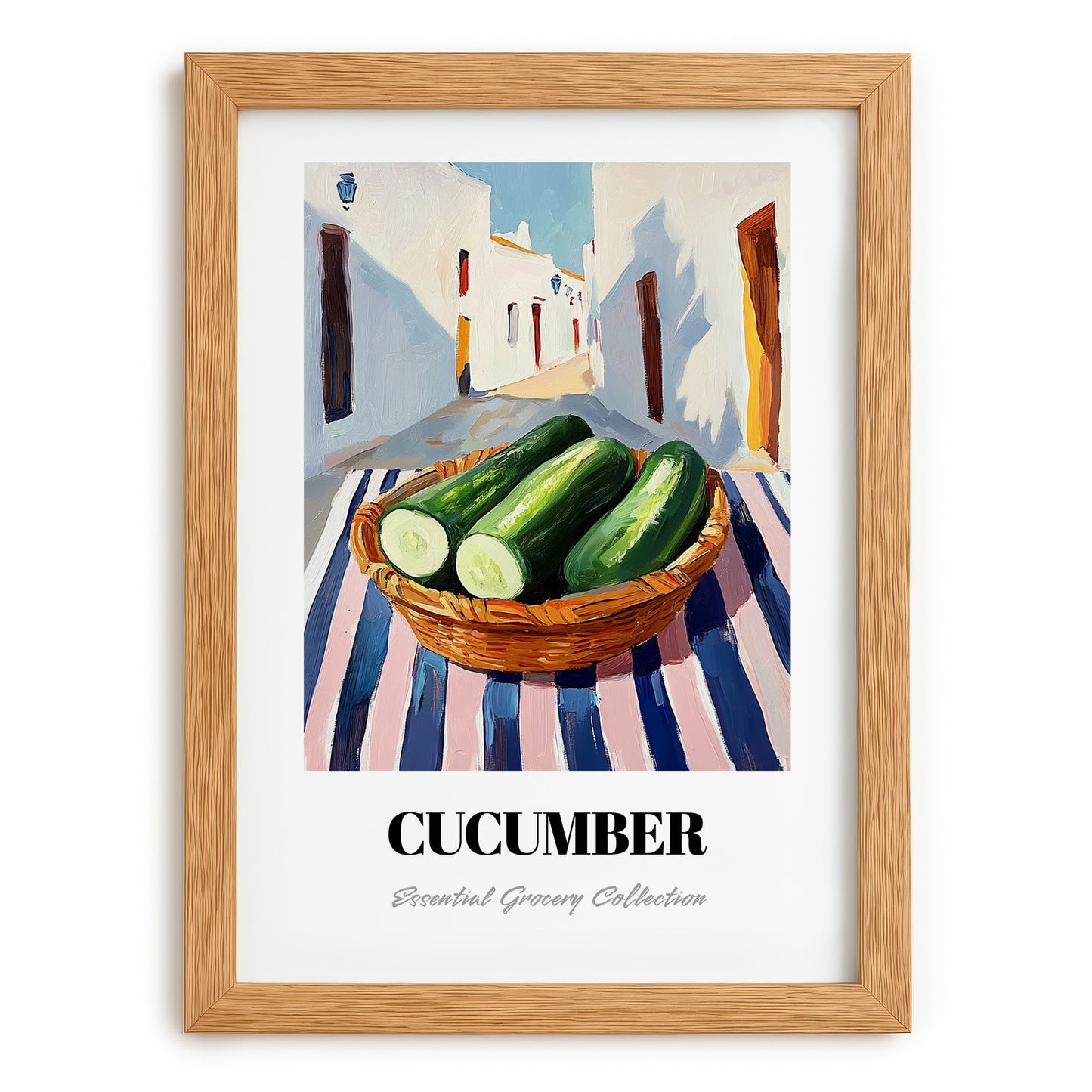 Cucumber – White village Urban Café Scene, Vegetable Poster, set in oak frame