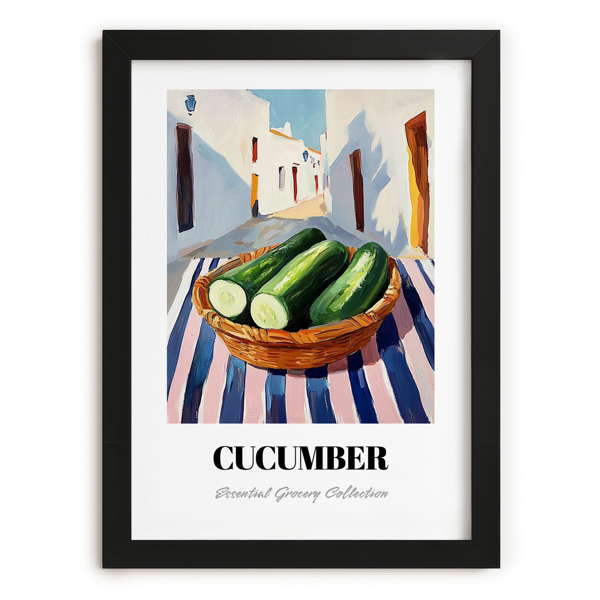 Cucumber – White village Urban Café Scene, Vegetable Poster, in sleek black frame